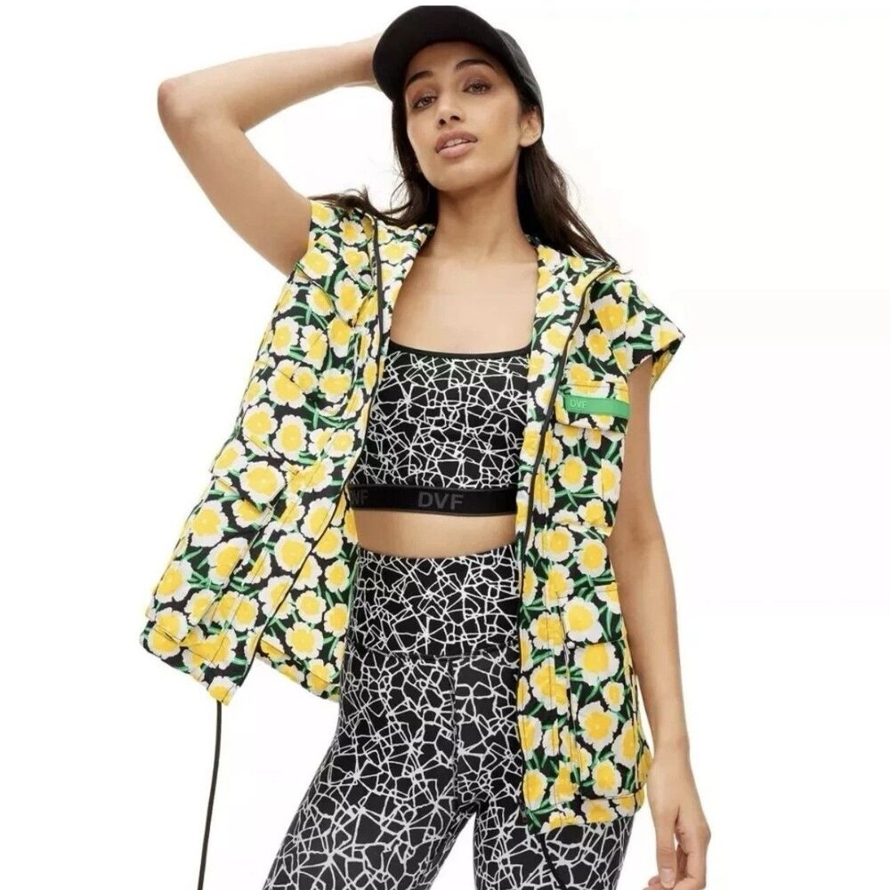 Diane von Furstenberg Hoodie Windbreaker Zip Vest Yellow Poppy Floral Size XXS